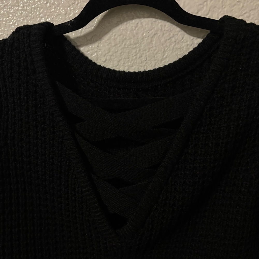 Ambiance Apparel Black Textured Knit‎ Sweater Criss Cross Back Women's M - Picture 3 of 6